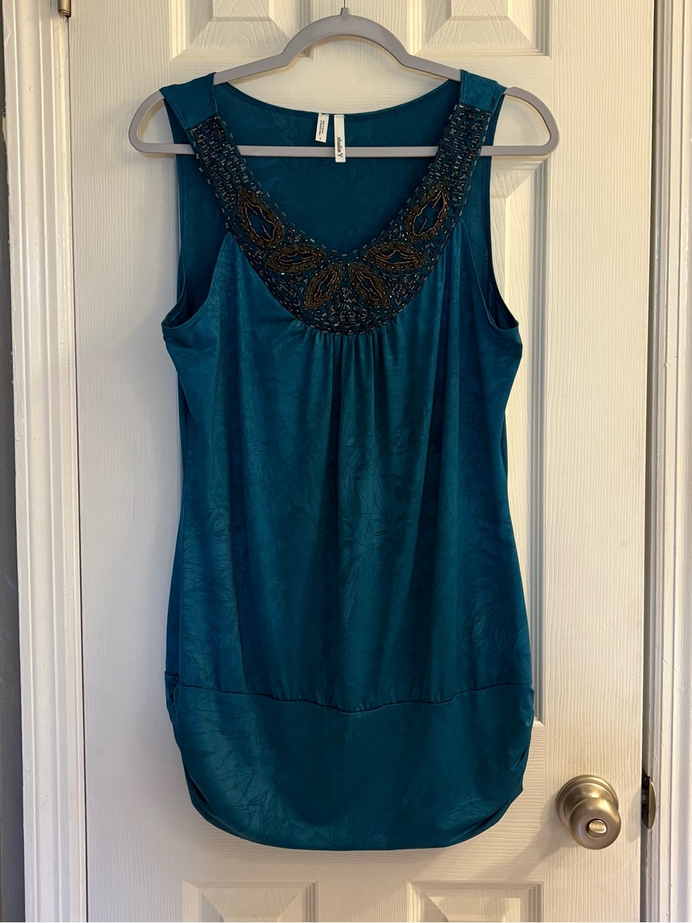 Vintage Y2K Studio Y Stretchy Teal Beaded Embellished Long Shirt Dress Size L.